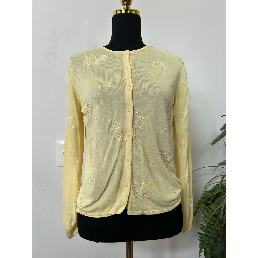 Vtg Oscar de la Renta Yellow Floral Embroider Cardigan Sweater Cottage Coquette